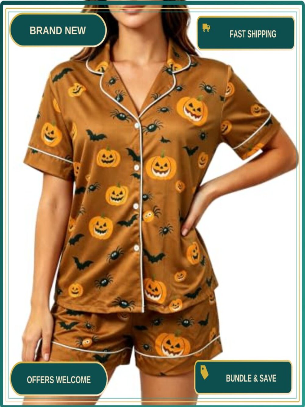 2 Piece Halloween Pajama Set Women Short Sleeve Button Top Lounge Shorts